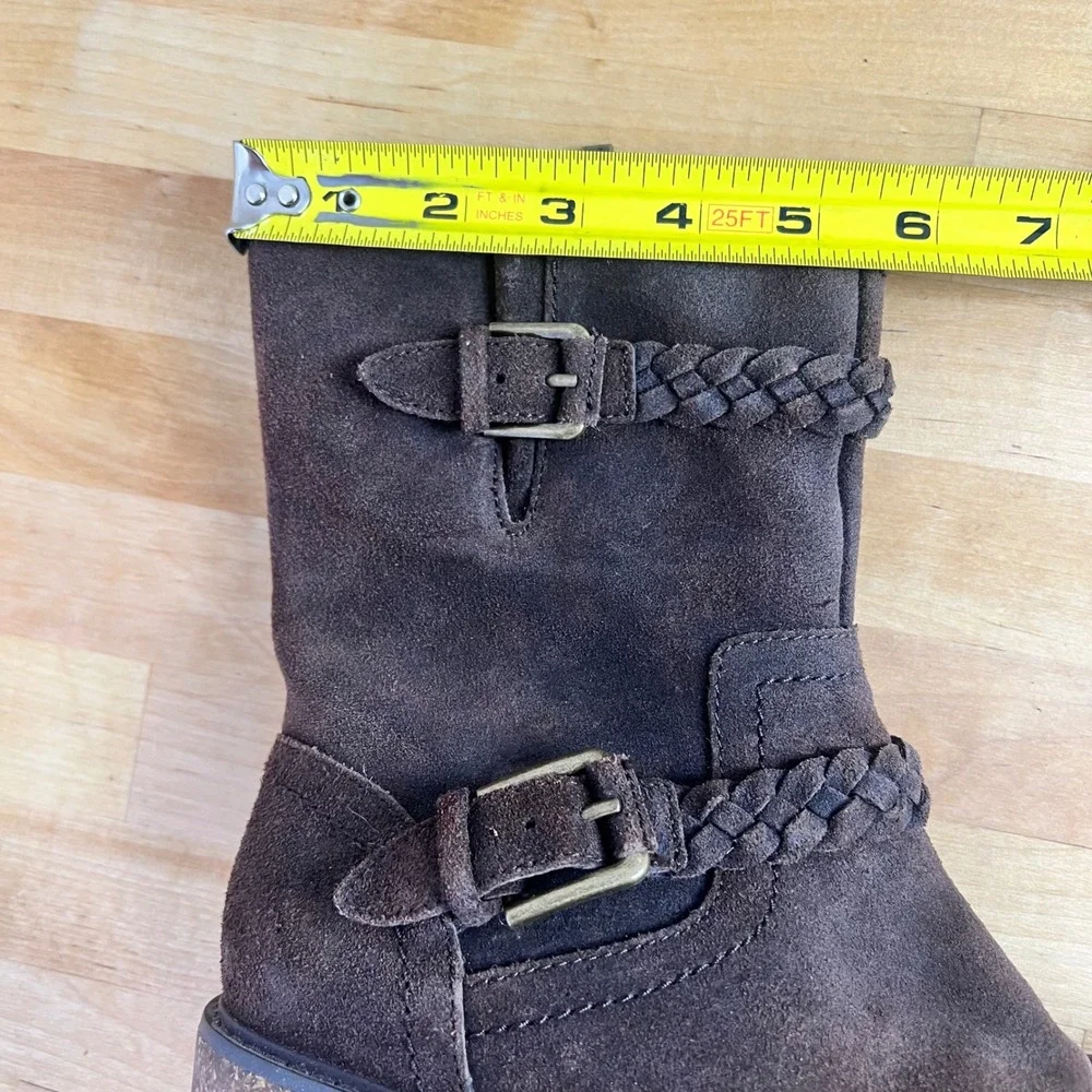Aetrex Boots Nora Size 7 Brown Suede Braid Buckle Side Zip Block Heel NO INSOLES